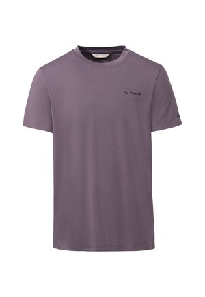 Maglietta viola a maniche corte con scollo rotondo, logo Vaude sul petto e sulla manica, design semplice, tessuto dalla texture liscia.