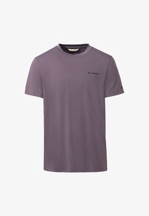 Maglietta viola a maniche corte con scollo rotondo, logo Vaude sul petto e sulla manica, design semplice, tessuto dalla texture liscia.