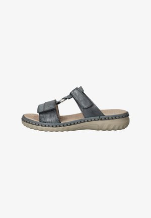 Gray synthetic slide sandal with two adjustable straps, silver ring accent, and textured insole. Features a cream rubber outsole.