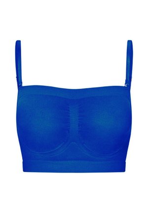 Niebieski bezszwowy biustonosz typu bandeau z cienkimi, regulowanymi ramiączkami na ramiona i marszczonym środkiem z przodu dla wsparcia.