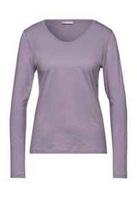 Långärmad t-shirt i mjuk lavendelfärgad tyg, med v-ringning och en enkel, figurnära design med minimala sömmar och inga mönster.