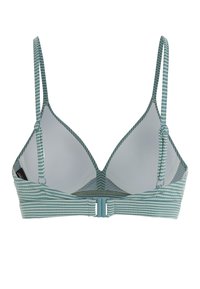 Top bikini a righe color tealo con spalline regolabili, coppe triangolari e chiusura con gancio. Presenta una fodera interna liscia per il massimo comfort.