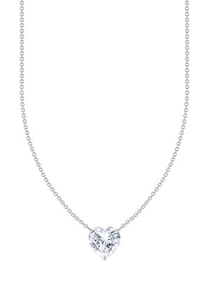 Silver necklace featuring a heart-shaped, clear gemstone pendant with a faceted surface, suspended from a delicate chain.