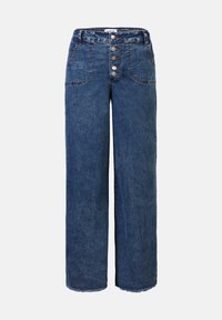 Jean en denim à jambes larges de couleur bleu foncé. Présente une fermeture à boutons, cinq poches et un ourlet effiloché. Texture lisse avec des accents de couture visibles.