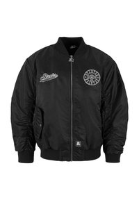 Jachetă bomber neagră cu fermoar frontal, manșete și talie ribbed. Prezintă un logo brodat "Starter" și un emblema circulară pe piept. Finisaj satinat.