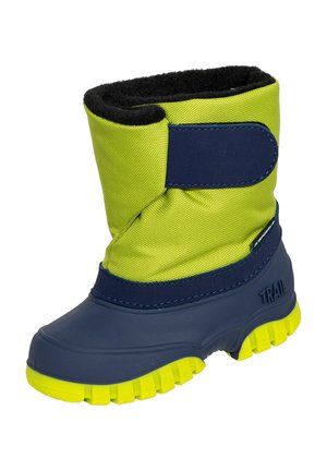 Waterproof boot featuring a lime green upper with navy accents, a plush lining, and a textured rubber sole in bright yellow for traction.