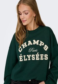 Felpa verde con fitting ampio, caratterizzata da una stampa fluffy color crema che riporta la scritta "CHAMPS ÉLYSÉES Parigi" sul davanti.