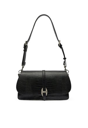 Czarna torebka na ramię z ekologicznej skóry krokodyla, z regulowanym paskiem i srebrnym zapięciem na przedniej klapie.