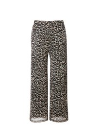 Pantaloni a gamba larga in un tessuto leggero e trasparente, con uno sfondo beige e una fantasia leopardata nera e marrone. Vita elastica.