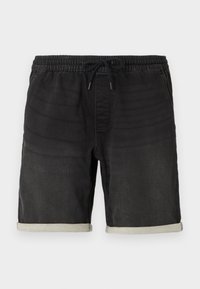Shorts en denim noir avec une taille élastique et un cordon de serrage. Présente des ourlets roulés et des variations de texture subtiles.