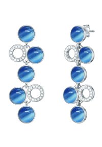 Pendientes colgantes de plata con piedras azules circulares de efecto degradado, intercaladas con acentos circulares engastados con cristales claros.