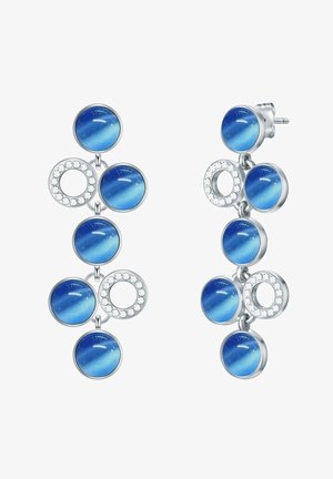 Pendientes colgantes de plata con piedras azules circulares de efecto degradado, intercaladas con acentos circulares engastados con cristales claros.