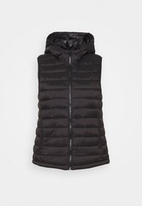 Svart vadderad väst med huva, med en frontdragkedja, vadderad design och ärmhål, tillverkad av ett mjukt, lätt material.