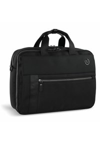 Sac à ordinateur noir avec un extérieur texturé, deux poignées supérieures, une poche avant zippée et un accent logo sur le côté. Design compact.