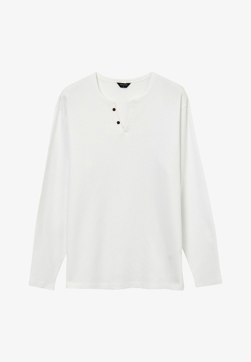 Camicia bianca a maniche lunghe con tessuto testurizzato, caratterizzata da un collo henley e tre bottoni scuri. Design semplice e dritto.
