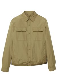 Giacca casual marrone chiaro con maniche lunghe, colletto, chiusura con bottoni, due tasche sul petto con pattina e tasche laterali a filetto.