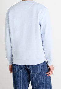 Ljusblå sweatshirt med rund halsringning och ribbade ärmslut, med en jämn textur och avslappnad passform, i kombination med randiga denimbyxor.