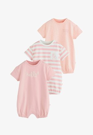 Trys rožiniai kūdikių kombinezonai trumpomis rankovėmis; vienas vienspalvis su tekstu „hello“, vienas dryžuotas su gėlės kišenėle, vienas taškuotas su tekstu „happy days“.