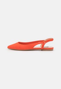 Bright orange flat slingback women's shoe with pointed toe and open heel against a plain white background.