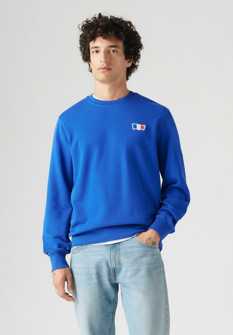 Blauwe sweatshirt van zacht materiaal, met een ronde hals, lange mouwen en een klein kleurgebrek logo op de borst.