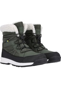 Grüne wasserdichte Winterstiefel mit schwarzen Gummisohlen, weißem Kunstfellfutter und verstellbaren Schnürsenkeln. Mit verstärkter Zehen- und Knöchelstütze.