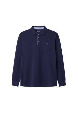Marineblauwe poloshirt met lange mouwen, gemaakt van een katoenmix. Voorzien van een klassieke kraag, een drieknoopsluiting en een klein geborduurd logo op de borst.