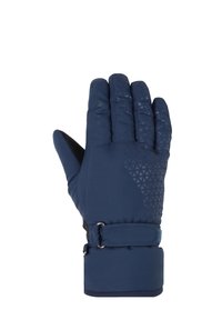 Guanti blu navy con un motivo triangolare testurizzato sul dorso, tessuto morbido, cinturino regolabile al polso e palmo nero rinforzato.