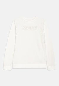 Biała bluza z okrągłym dekoltem, długimi raglanowymi rękawami i teksturowanym logo "GUESS" z przodu. Miękki materiał z prążkowanym wykończeniem u dołu.