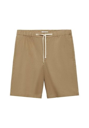 Khaki shorts with an elastic waistband, featuring a drawstring tie, straight cut, and smooth texture. No pockets or patterns visible.