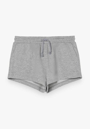 Svetlosivé ležérne šortky s elastickým pásom, nastaviteľným šnúrkovaním a dvoma prednými vreckami, rozložené na bielom pozadí.
