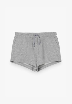 Shorts décontractés gris clair avec taille élastique, cordon de serrage ajustable et deux poches avant, posés à plat sur un fond blanc.