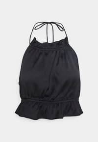 Top halter preto feito de um tecido suave, apresentando uma bainha com babados e laços ajustáveis nas costas para um ajuste personalizável.