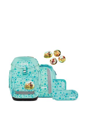 Light blue school backpack set with heart patterns, includes backpack, smaller bag, pencil case, wallet, and horse-themed pins.