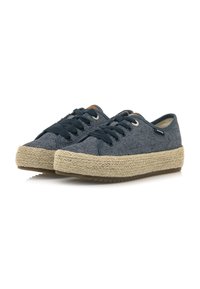 Zapatillas de lona con tela azul marino, suela de plataforma de yute natural, puntera redonda, diseño de cordones y acentos marrones en contraste.