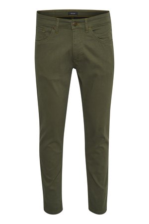 Olive green slim-fit pants made from soft cotton fabric, featuring five-pocket styling and contrasting stitching details.
