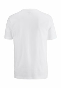 Weißes Baumwoll-T-Shirt, kurze Ärmel, Rundhals, glatte Textur, keine sichtbaren Grafiken oder Muster, simples und grundlegendes Design.