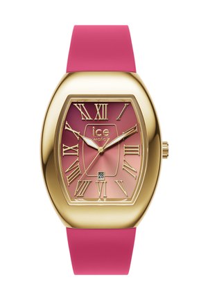 Montre en quartz dorée avec un cadran dégradé rose, chiffres romains, affichage de la date et un bracelet en silicone rose vif dans une forme unique.