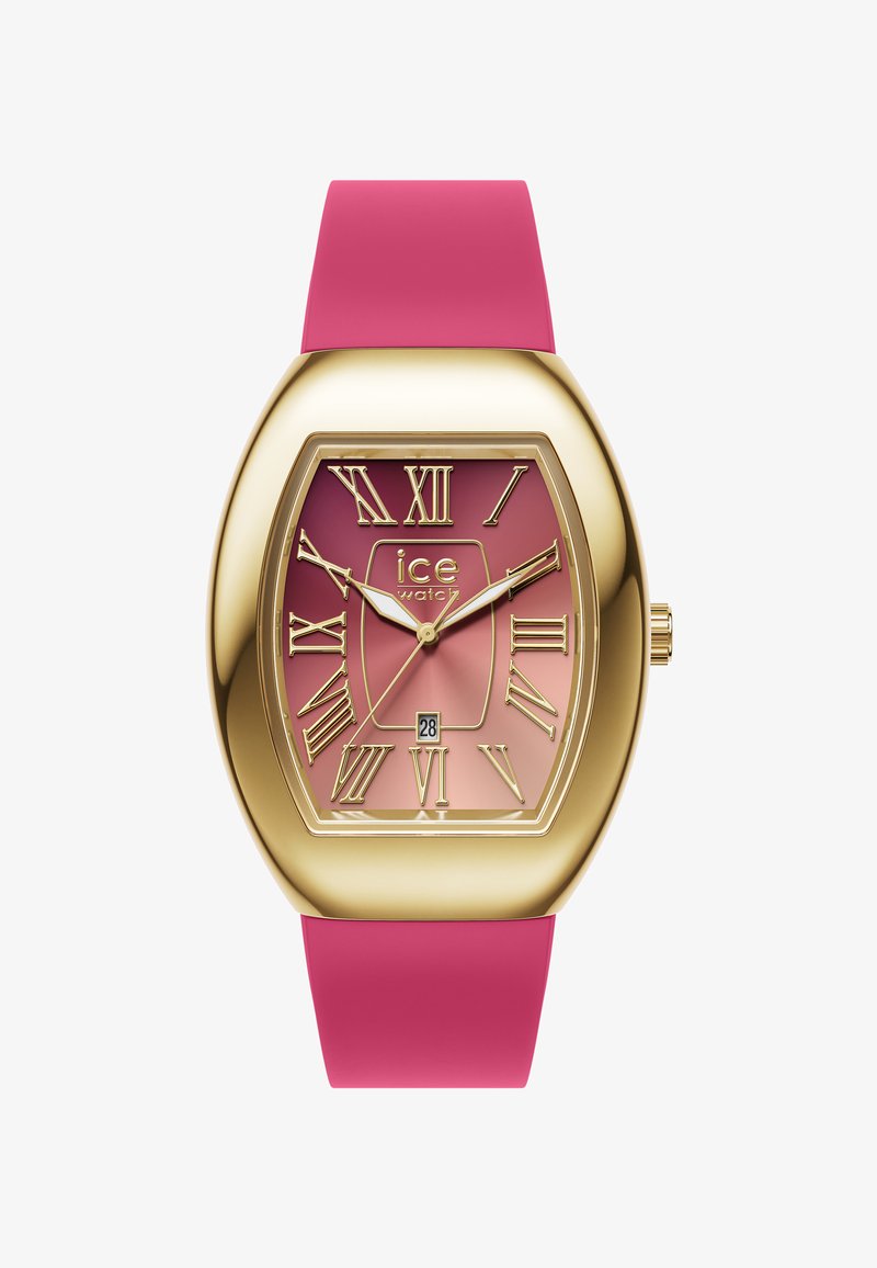 Zelta toņa kvarca pulkstenis ar rozā gradienta ciparnīcu, romiešu cipariem, datuma rādītāju un spilgti rozā silikona siksniņu unikālā formā.