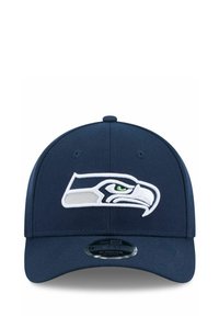 Dunkelblaues Baseballcap mit einem weißen und grünen Logo der Seattle Seahawks. Strukturierte Form mit einem gebogenen Schirm und verstellbarem Riemen.