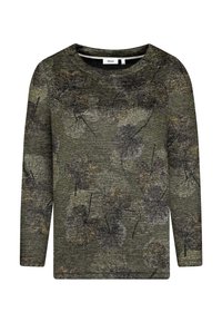 Grüner Pullover mit langen Ärmeln aus strukturiertem Stoff, mit einem Blättermuster in Schwarz- und Brauntönen. Rundhalsausschnitt, lockere Passform.