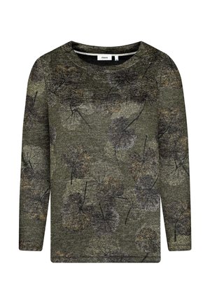 Grüner Pullover mit langen Ärmeln aus strukturiertem Stoff, mit einem Blättermuster in Schwarz- und Brauntönen. Rundhalsausschnitt, lockere Passform.