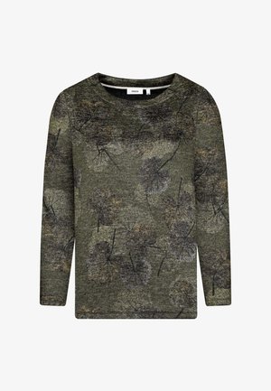 Grüner Pullover mit langen Ärmeln aus strukturiertem Stoff, mit einem Blättermuster in Schwarz- und Brauntönen. Rundhalsausschnitt, lockere Passform.