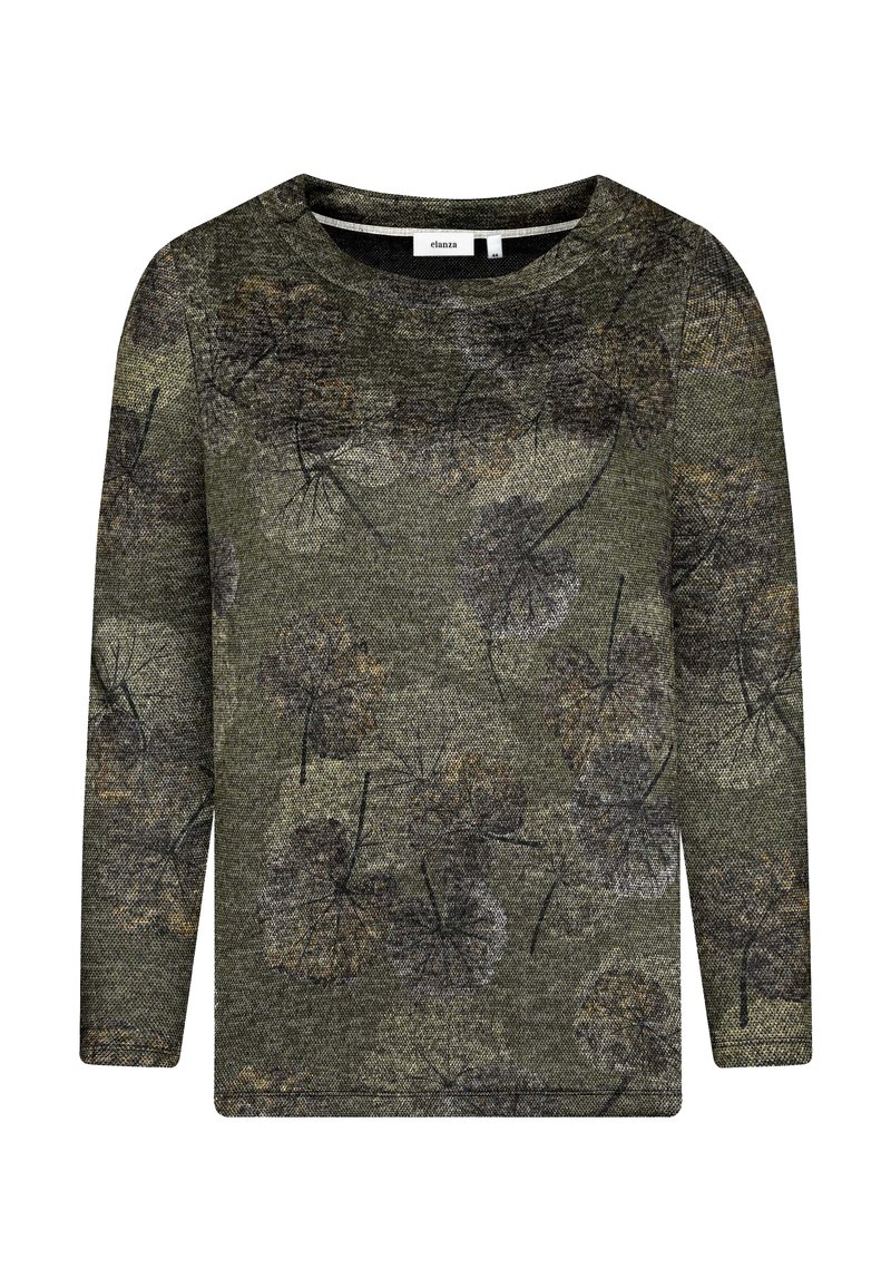 Grüner Pullover mit langen Ärmeln aus strukturiertem Stoff, mit einem Blättermuster in Schwarz- und Brauntönen. Rundhalsausschnitt, lockere Passform.