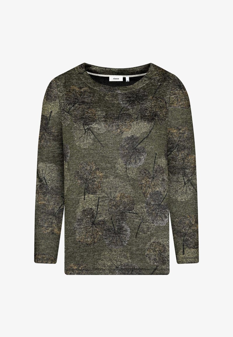 Grüner Pullover mit langen Ärmeln aus strukturiertem Stoff, mit einem Blättermuster in Schwarz- und Brauntönen. Rundhalsausschnitt, lockere Passform.