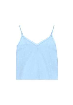 Canotta azzurro chiaro con spalline sottili e rifinitura in pizzo lungo lo scollo, mostrata su sfondo bianco.