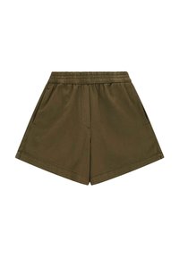 Shorts kaki fabriqués en tissu léger, avec une taille élastique, des poches latérales et une coupe décontractée avec une finition soignée.