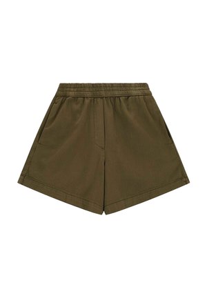 Khaki shorts made from a lightweight fabric, featuring an elastic waistband, side pockets, and a relaxed fit with a clean finish.