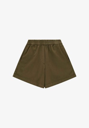 Khaki shorts made from a lightweight fabric, featuring an elastic waistband, side pockets, and a relaxed fit with a clean finish.