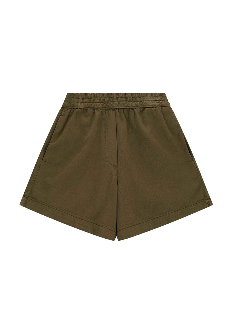 Shorts kaki fabriqués en tissu léger, avec une taille élastique, des poches latérales et une coupe décontractée avec une finition soignée.