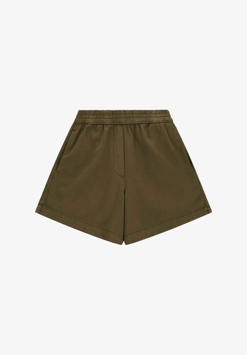 Shorts kaki fabriqués en tissu léger, avec une taille élastique, des poches latérales et une coupe décontractée avec une finition soignée.